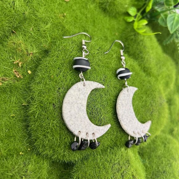 Crescent Moon Polymer Clay Hypoallergenic Silver Tone Handmade Dangle Earring - Picture 5 of 8